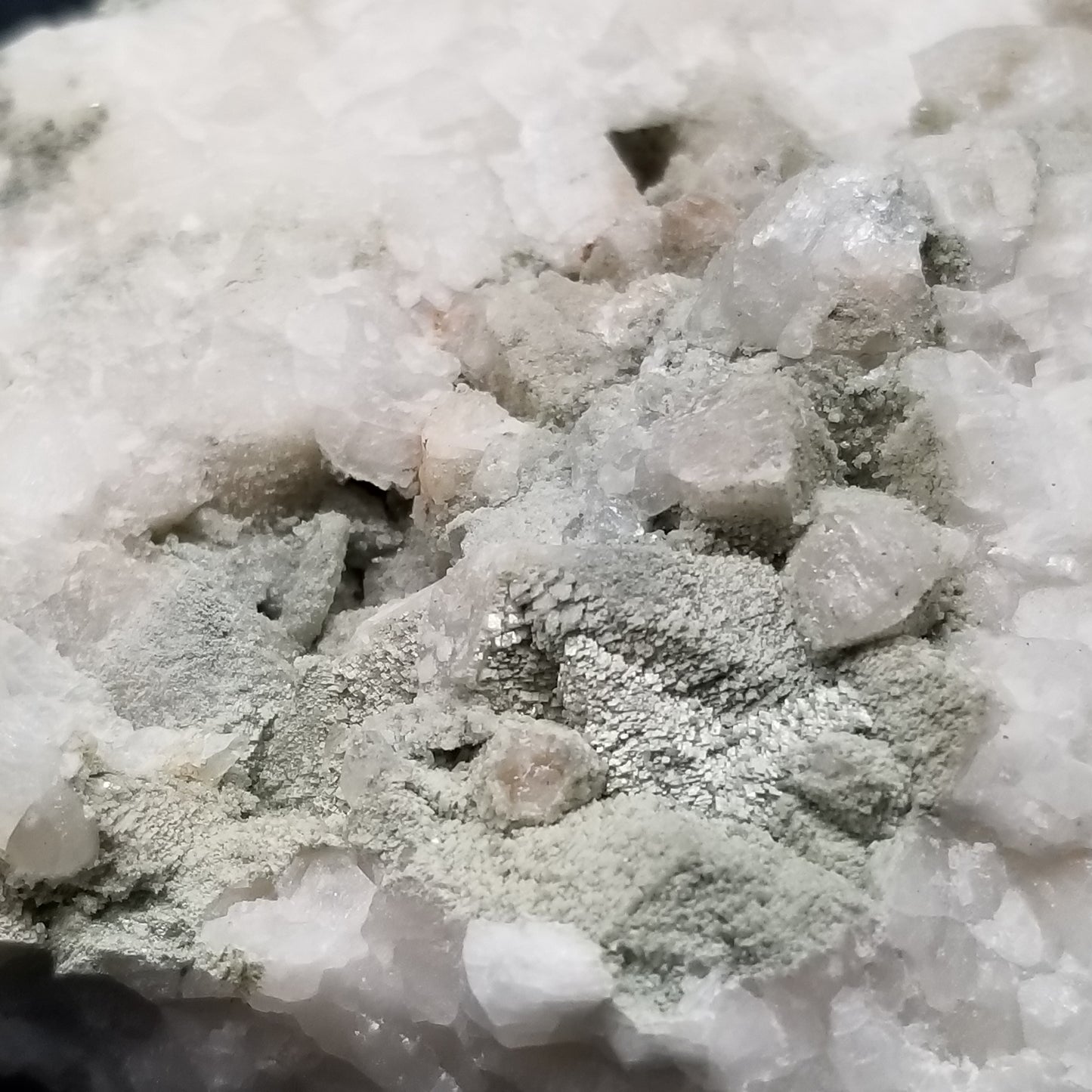 #11288 Green coating on clear Combined form Calcite on matrix