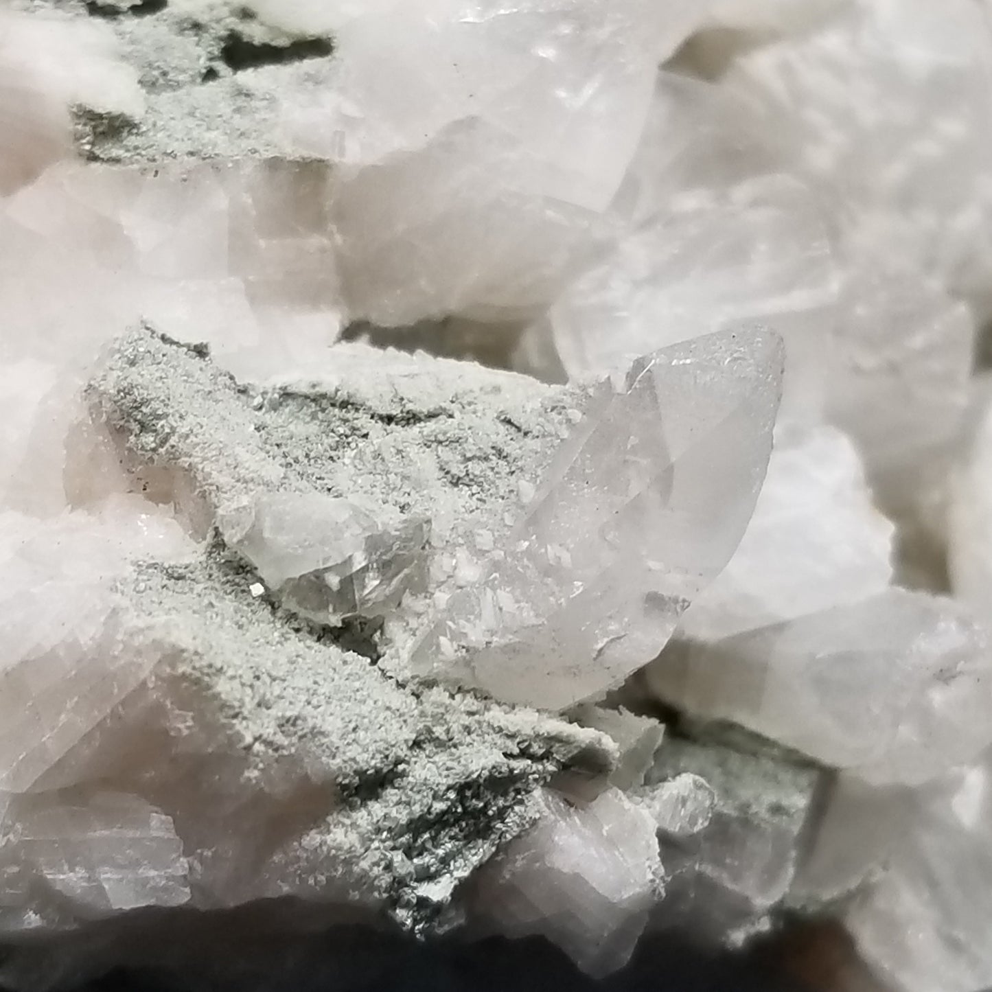 #11289 Green coating and white Dolomite on clear Combined form Calcite on matrix