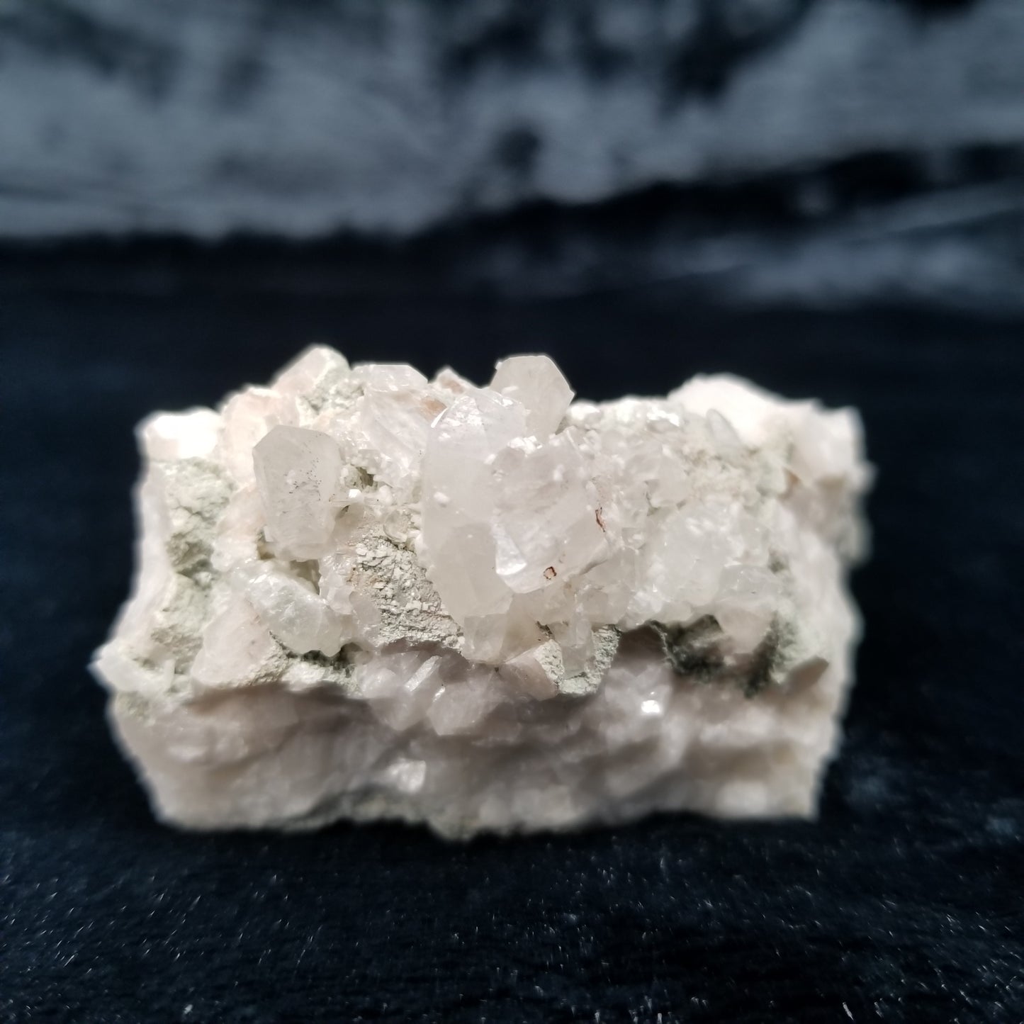 #11291 Green coating and white Dolomite on clear Dogtooth Spar Calcite cluster on matrix