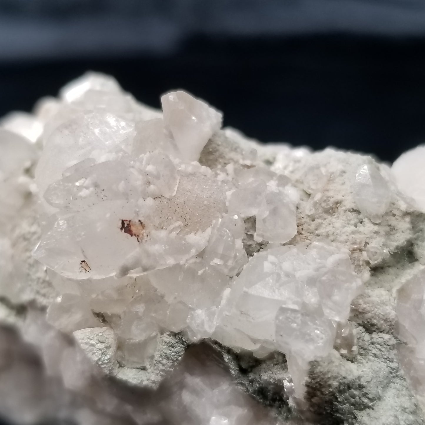 #11291 Green coating and white Dolomite on clear Dogtooth Spar Calcite cluster on matrix