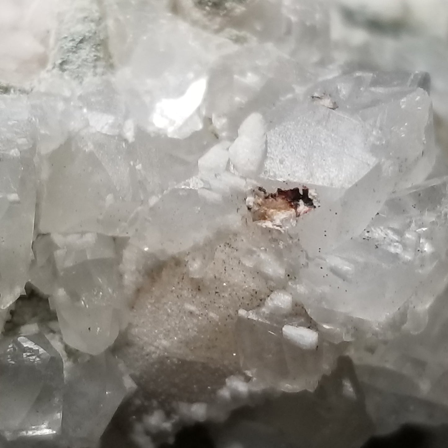 #11291 Green coating and white Dolomite on clear Dogtooth Spar Calcite cluster on matrix