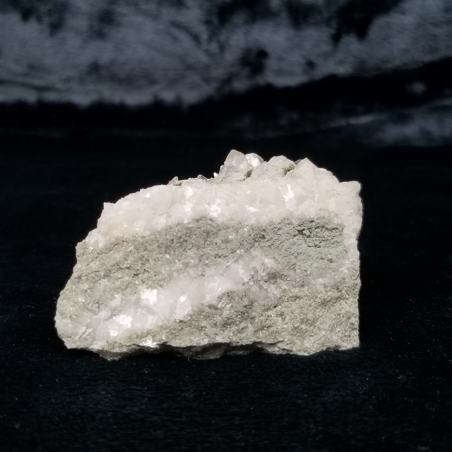 #11291 Green coating and white Dolomite on clear Dogtooth Spar Calcite cluster on matrix