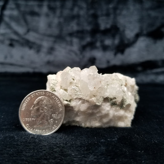 #11291 Green coating and white Dolomite on clear Dogtooth Spar Calcite cluster on matrix