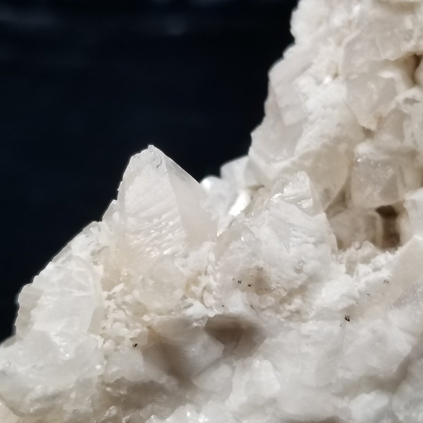 #11300 White Dolomite and Chalcopyrite on clear Dogtooth Spar Calcite cluster on pink and white Calcite on matrix