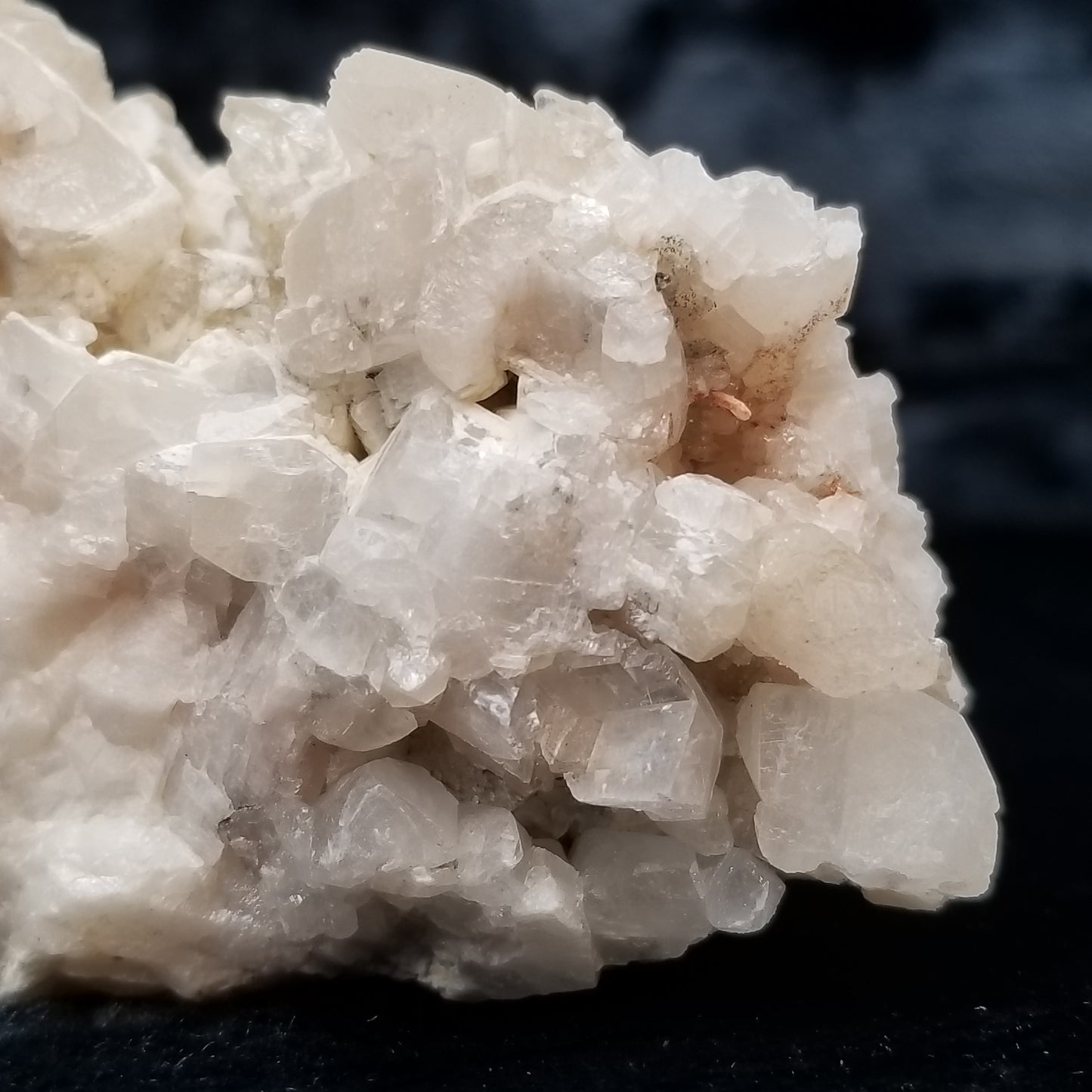 #11300 White Dolomite and Chalcopyrite on clear Dogtooth Spar Calcite cluster on pink and white Calcite on matrix
