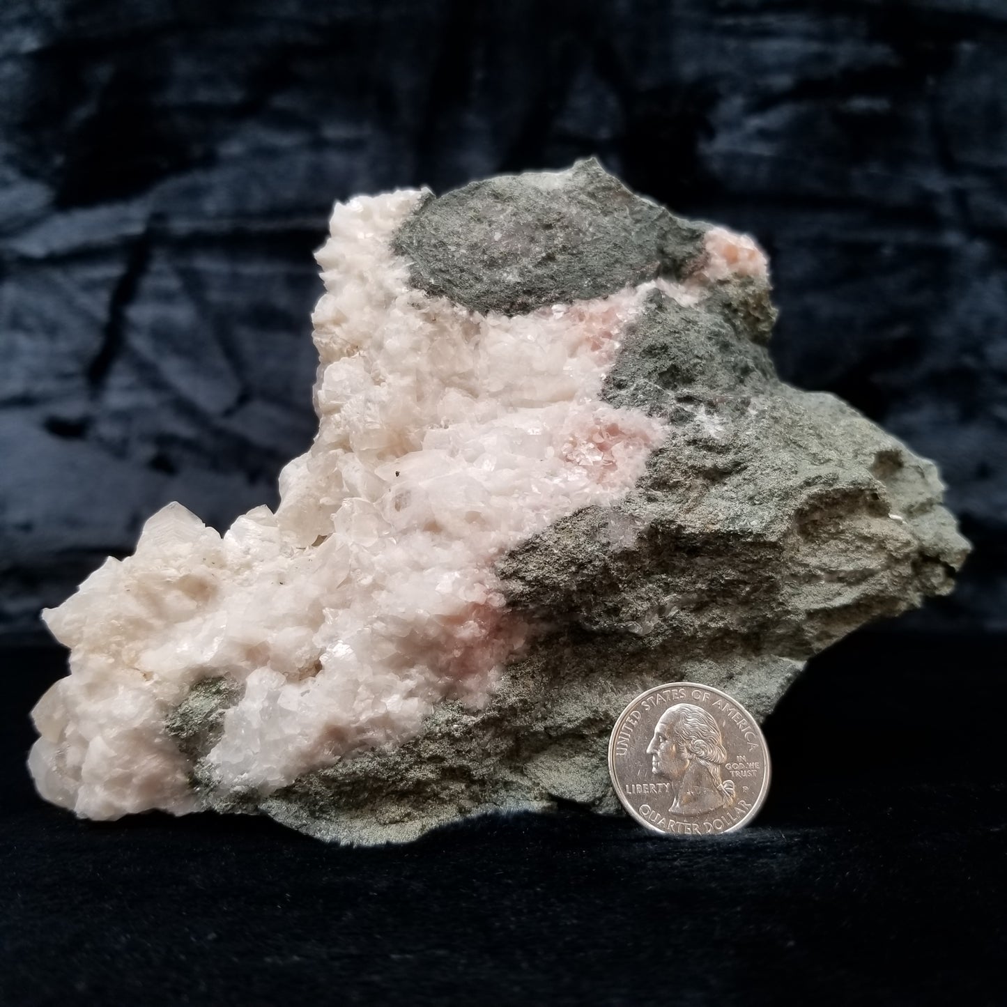 #11300 White Dolomite and Chalcopyrite on clear Dogtooth Spar Calcite cluster on pink and white Calcite on matrix