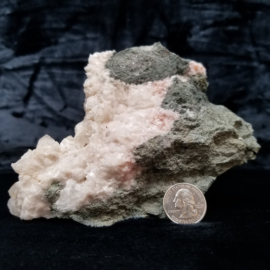 #11300 White Dolomite and Chalcopyrite on clear Dogtooth Spar Calcite cluster on pink and white Calcite on matrix