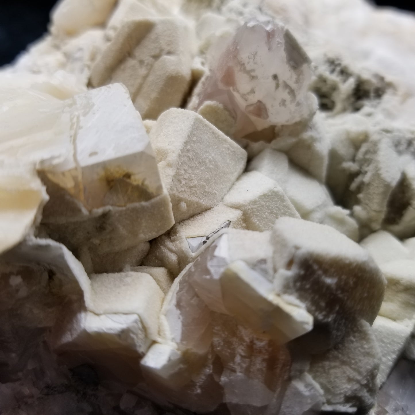 #11296 White Dolomite on Combined form Calcite with Chalcopyrite inclusions multiple formation