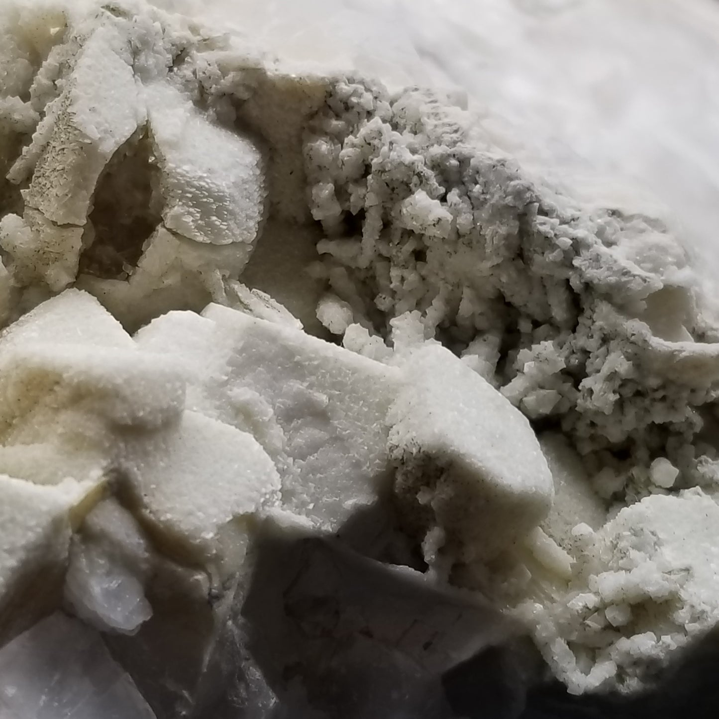 #11296 White Dolomite on Combined form Calcite with Chalcopyrite inclusions multiple formation