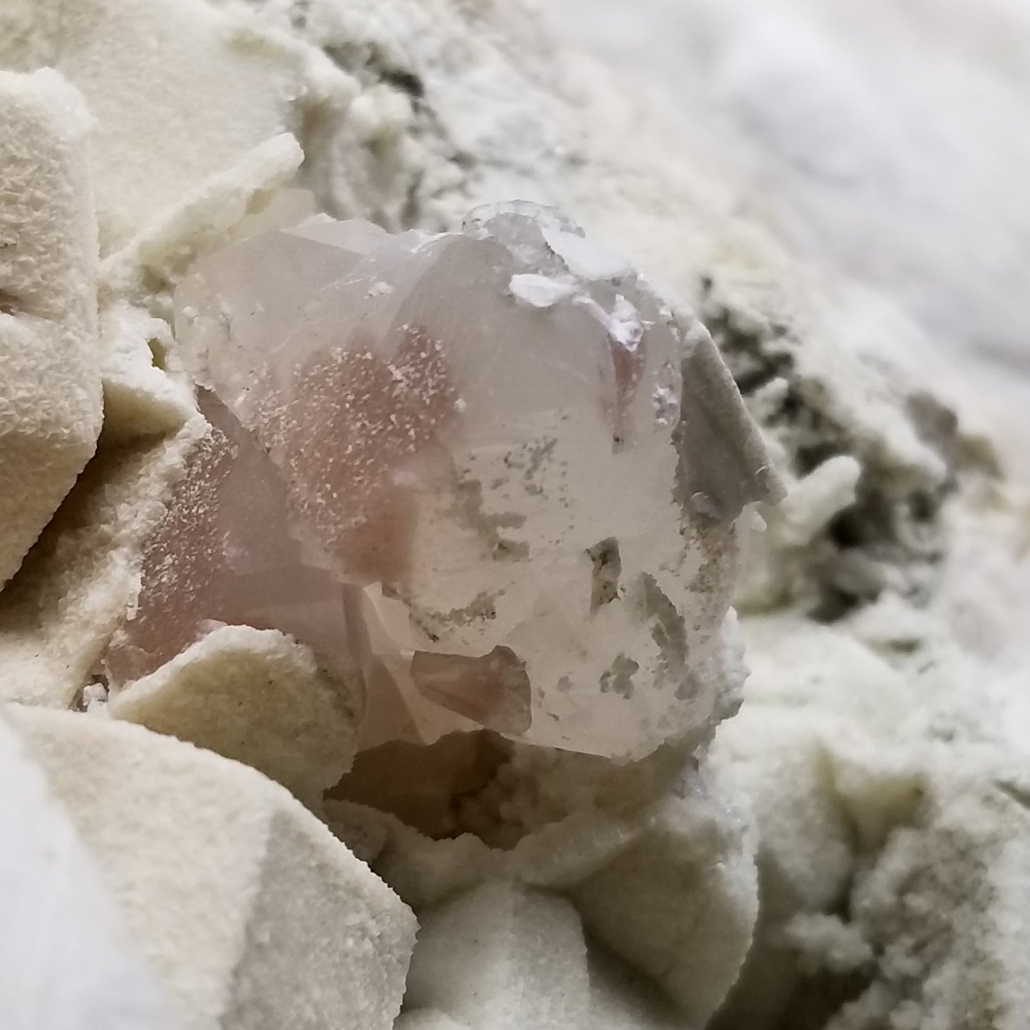 #11296 White Dolomite on Combined form Calcite with Chalcopyrite inclusions multiple formation