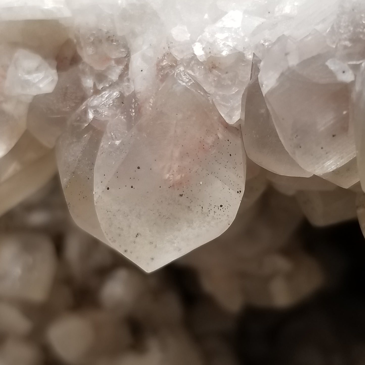 #11101 Very special specimen of white Dolomite and Chalcopyrite on clear Combined form Calcite with white Dolomite and Chalcopyrite phantom inclusions